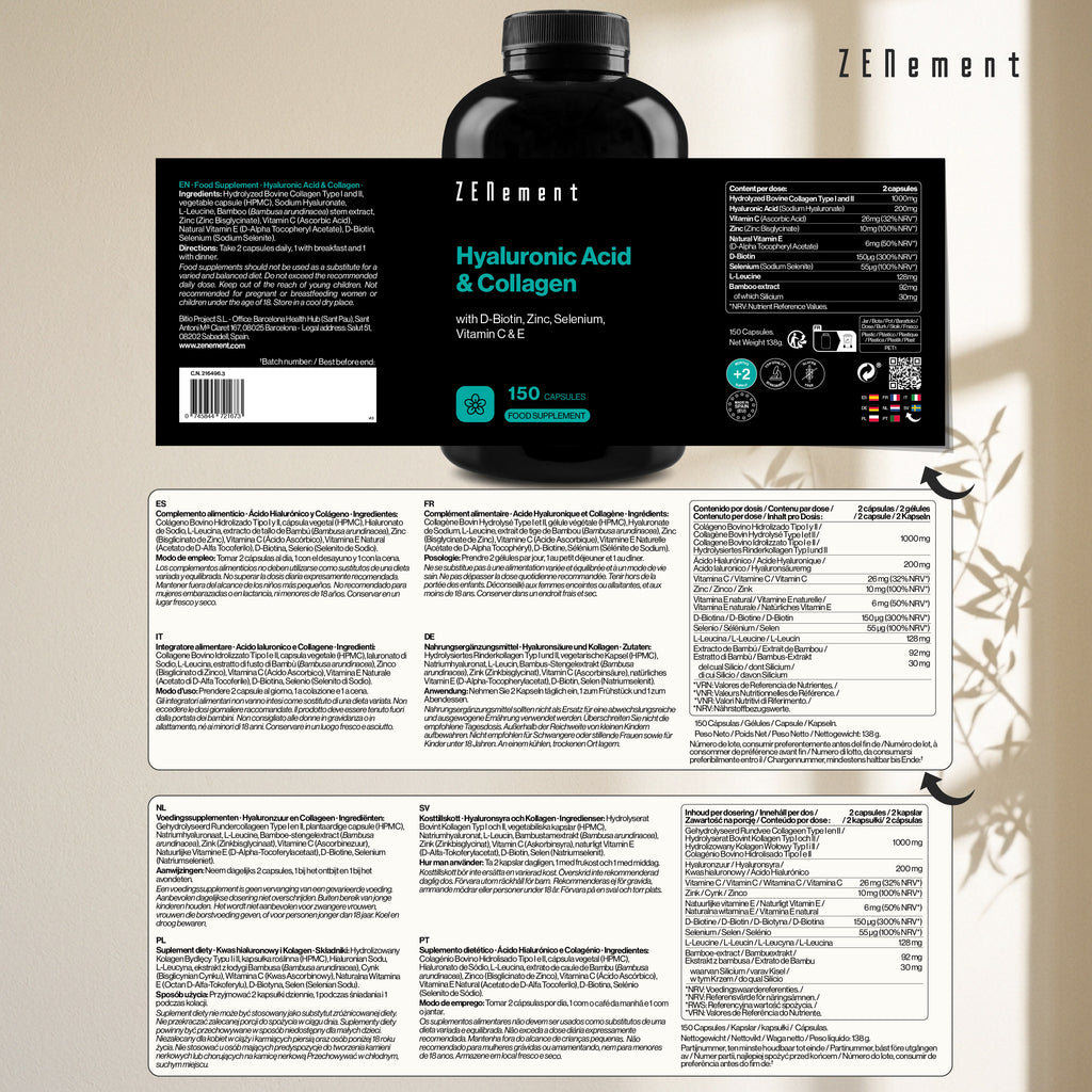 Àcid hialurònic i col·lagen amb biotina, zinc, seleni, vitamina C i E