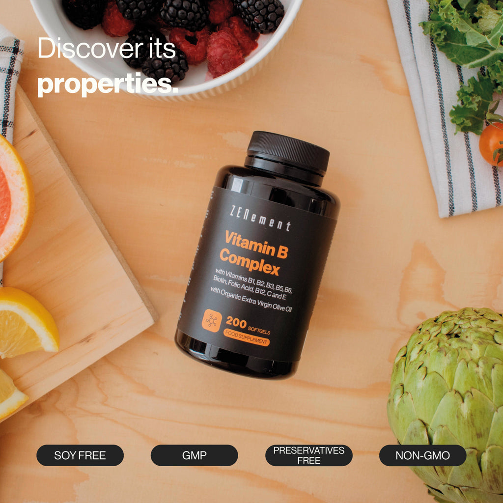 Vitamin B-Komplex mit Vitaminen B1, B2, B3, B5, B6, Biotin, Folsäure, B12, C und E