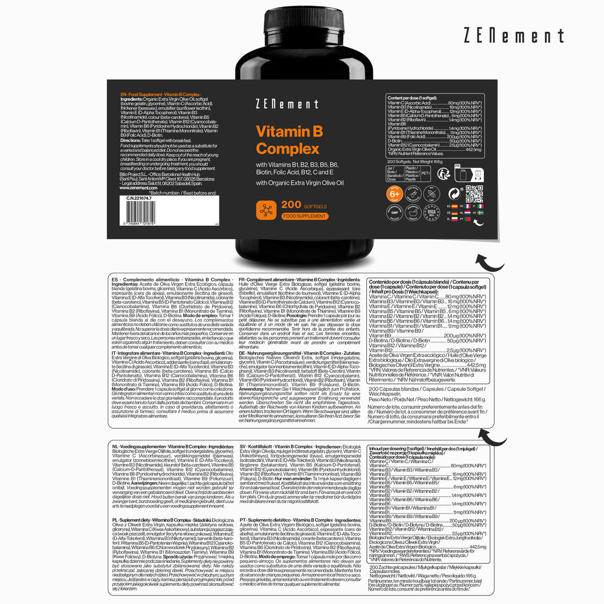 Vitamin B Complex with Vitamins B1, B2, B3, B5, B6, Biotin, Folic Acid, B12, C and E