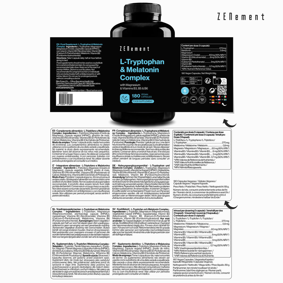 L-Tryptophan Complex with Melatonin, Magnesium + Vitamins B3, B5 & B6