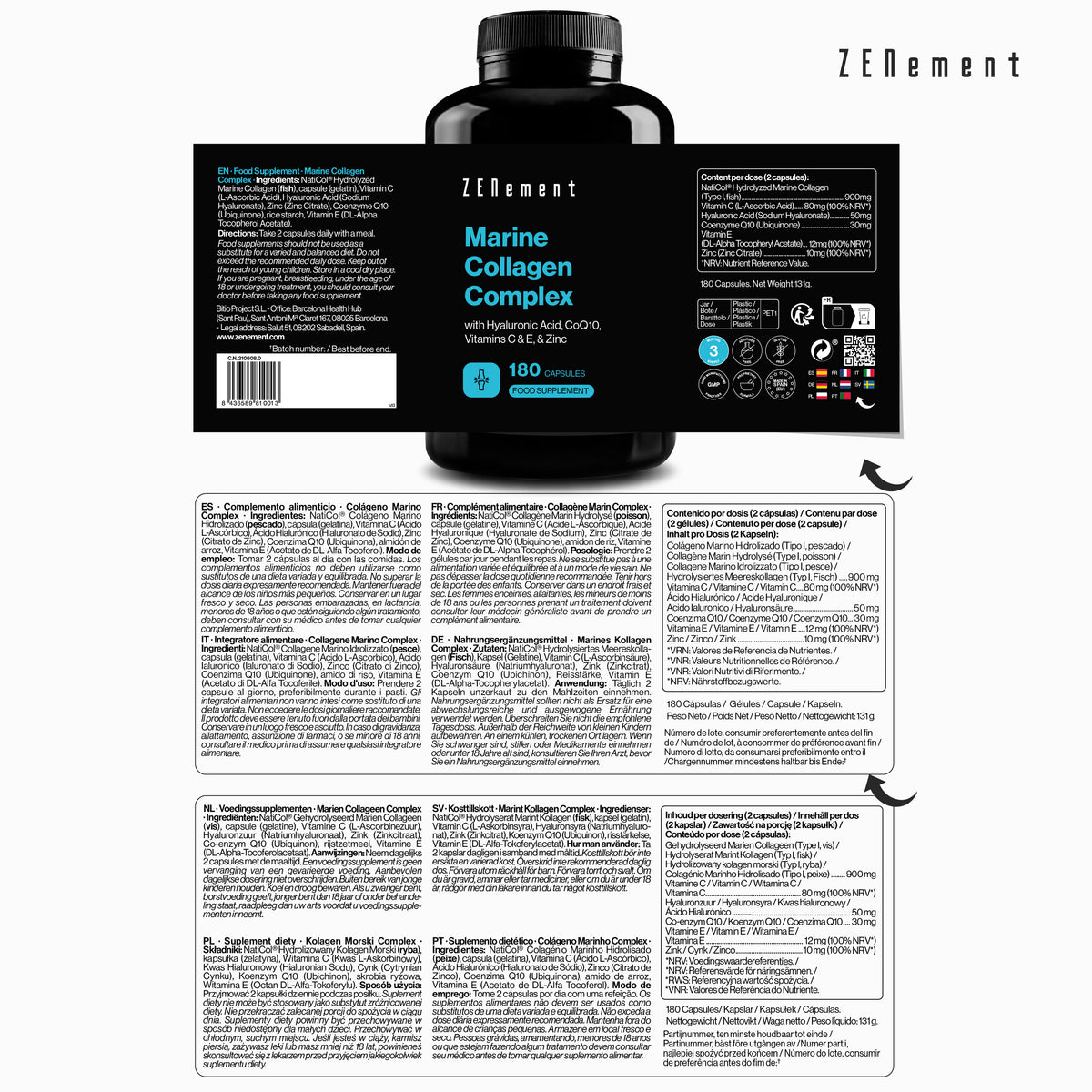 Marine Collagen Complex with Hyaluronic Acid, CoQ10, Vitamins C & E, & Zinc