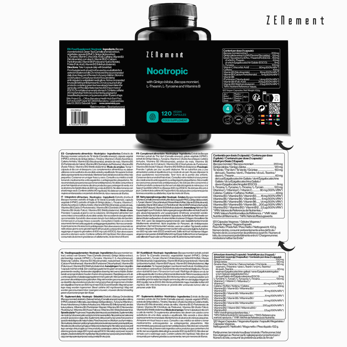 Nootropic with Ginkgo biloba, Bacopa monnieri, L-Theanin, L-Tyrosine and Vitamins B