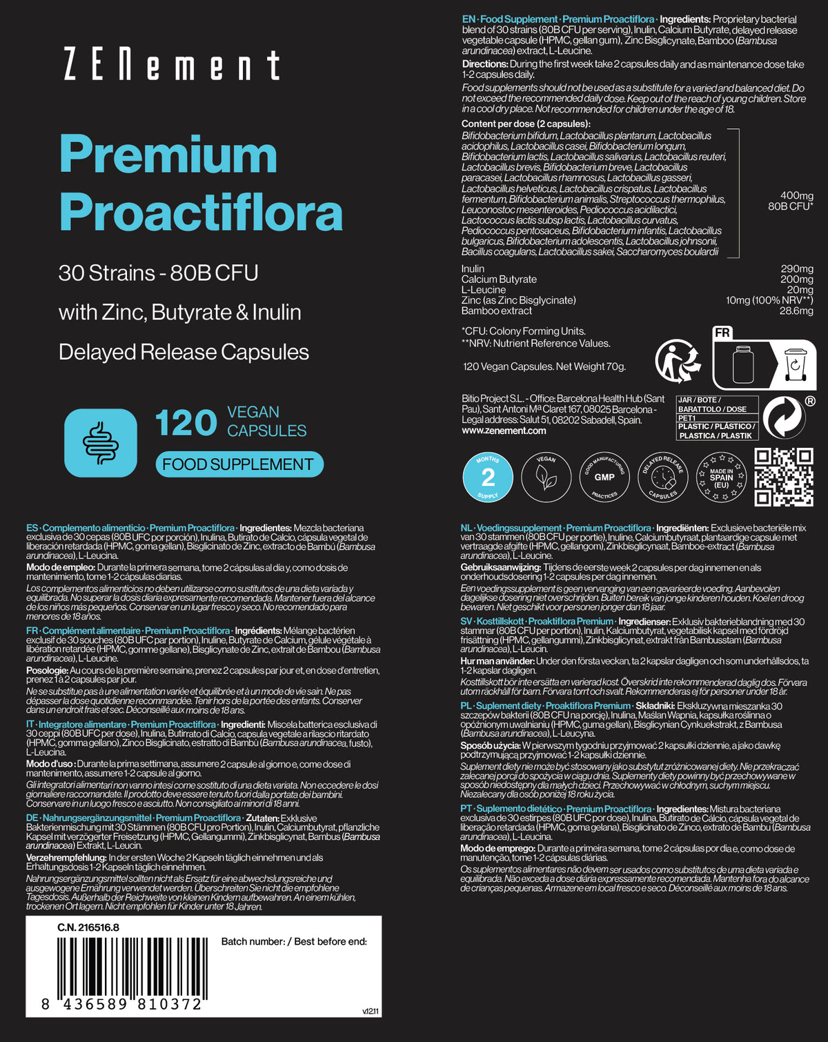 Premium Proactiflora 30 Strains | 80B CFU + Butirate, Inulin & Zinc