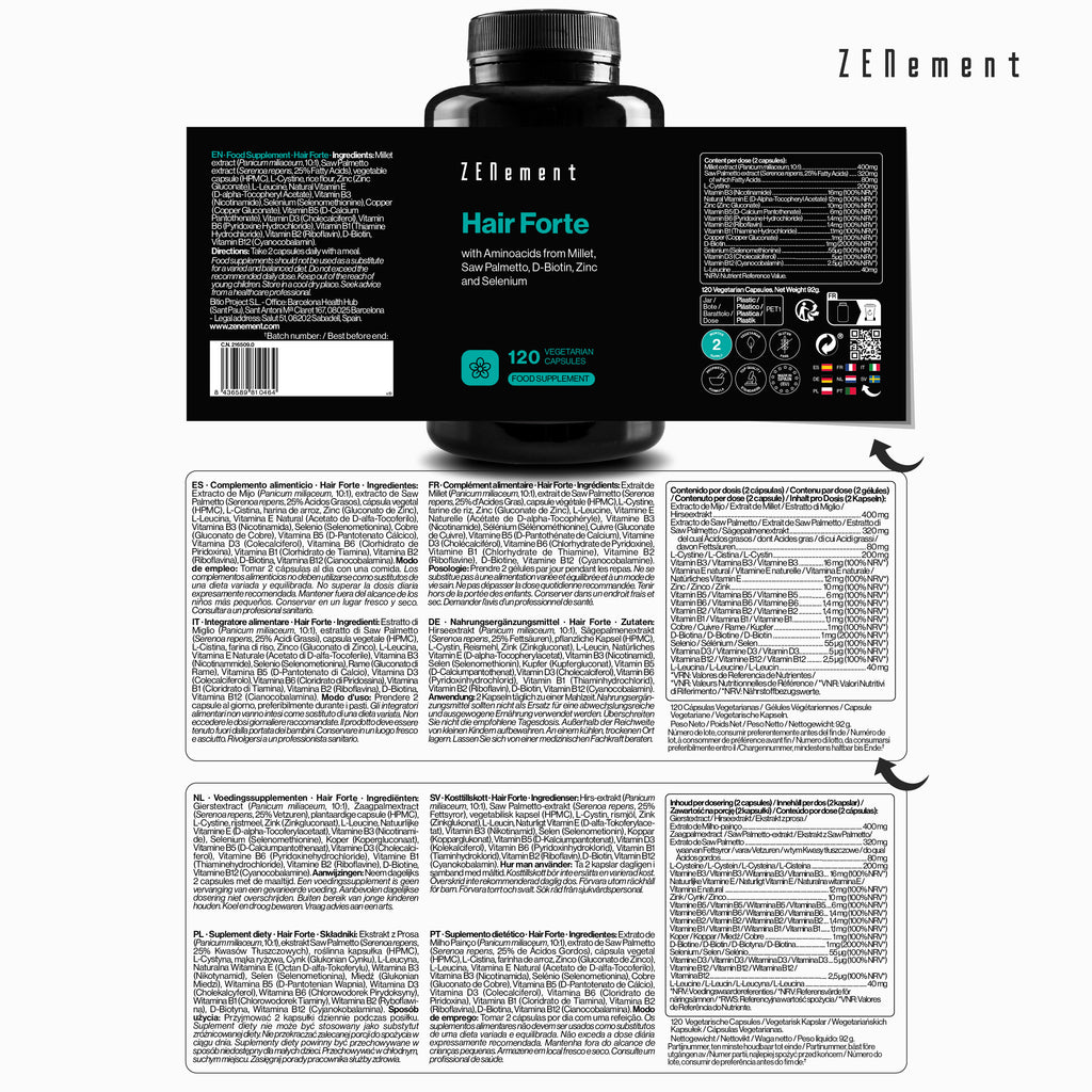 Hair Forte avec Acides Aminés Issus Millet, Palmier Floride, Biotine, Sélénium et Zinc