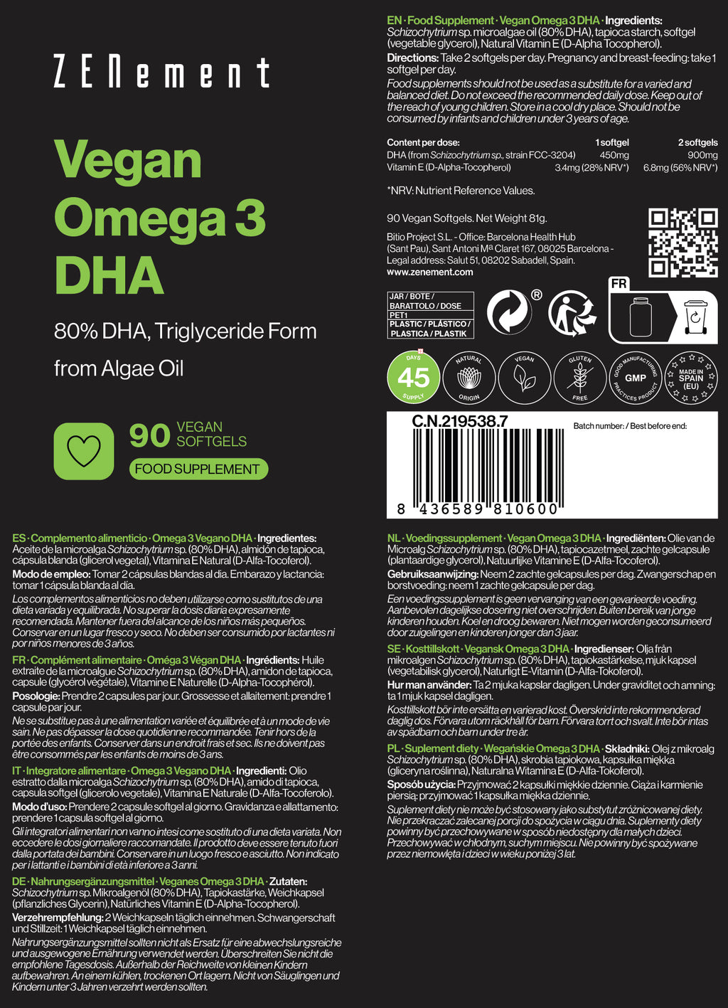 Vegan Omega-3 DHA 80% DHA, In Triglyceride Form