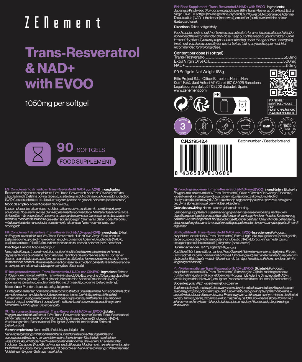 Trans-Resveratrol & NAD+ con AOVE 1055 mg por cápsula blanda