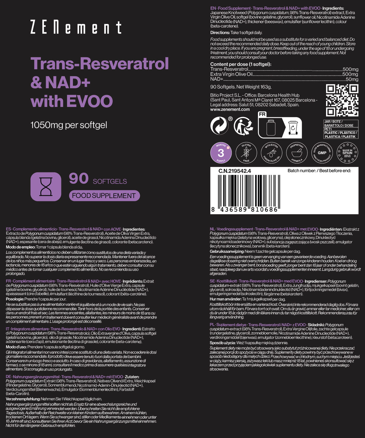 Trans-Resveratrol & NAD+ with EVOO 1055mg per softgel