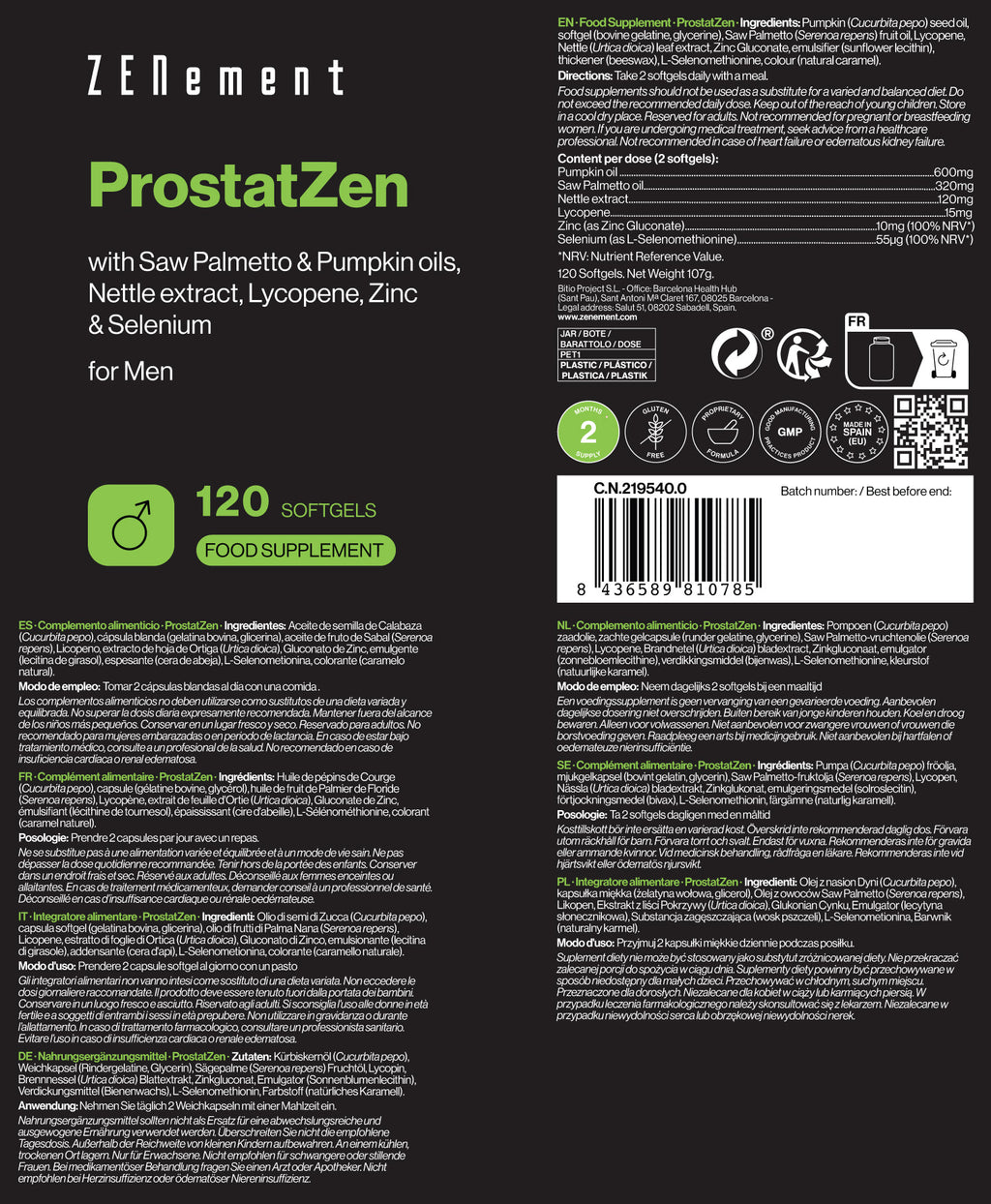 ProstatZen mit Sägepalmen und Kürbiskernölen, Brennnesselextrakt, Lycopin, Zink und Selen