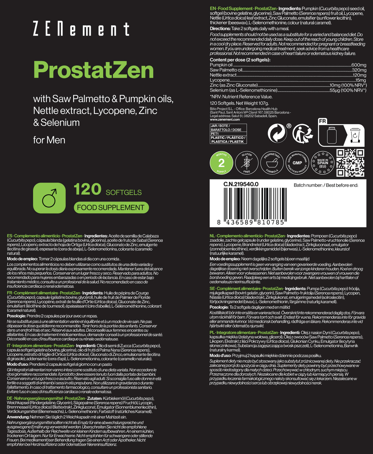 ProstatZen with Saw Palmetto & Pumpkin oils, Nettle extract, Lycopene, Zinc & Selenium