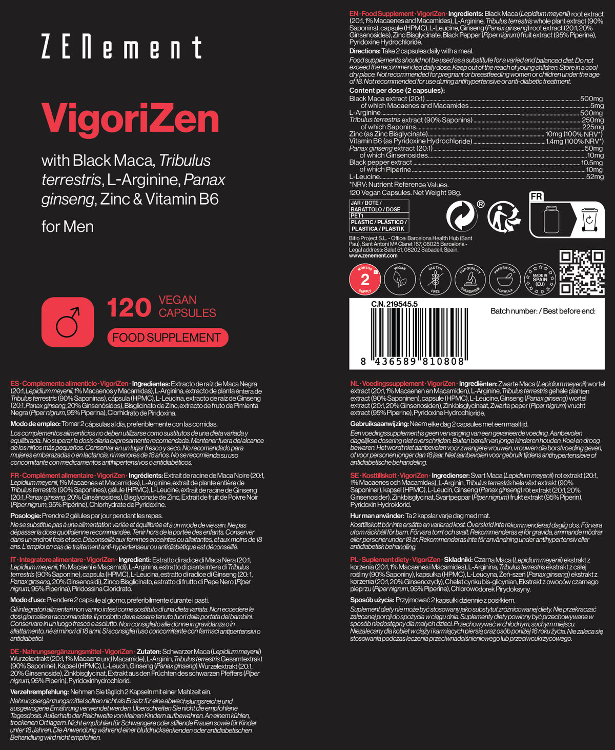 VigoriZen with Black Maca, Tribulus terrestris, L-Arginina, Panax ginseng, Zinc & Vitamin B6