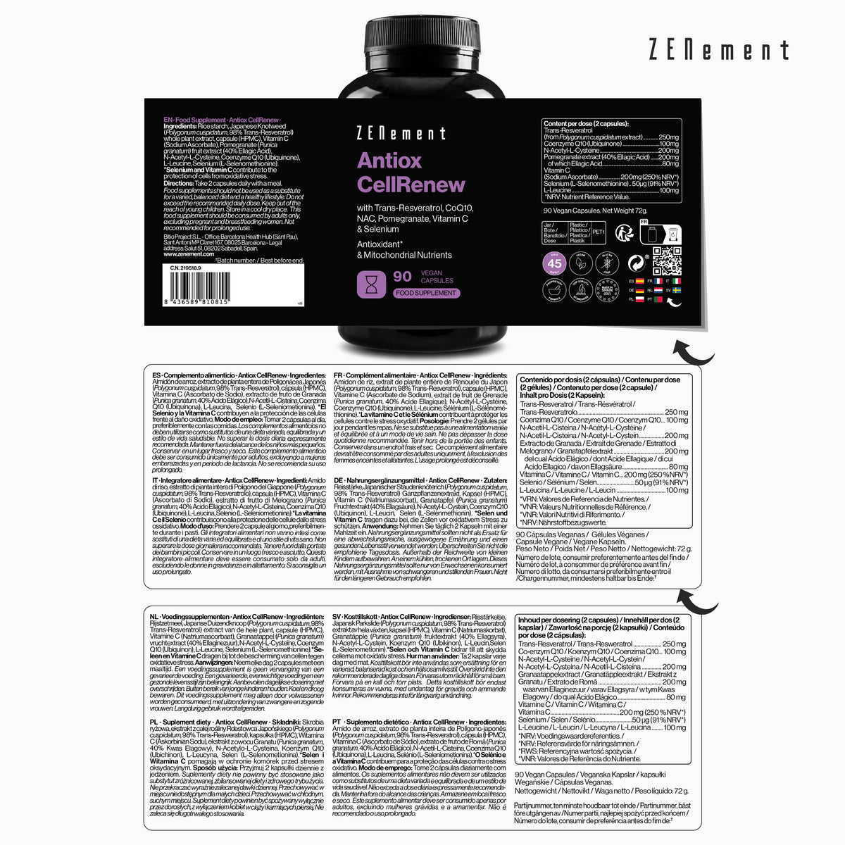 Antiox CellRenew with Trans-Resveratrol, CoQ10, NAC, Pomegranate, Vitamin C & Selenium