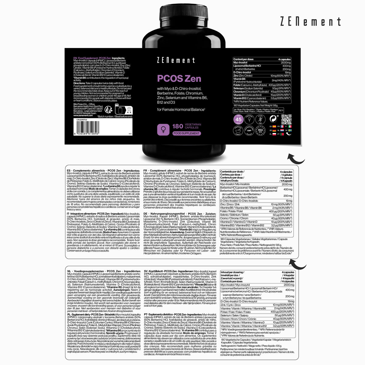 PCOS Zen - Myo/D-Chiro-Inositol Ratio 105:1, Liposomal Berberine - Zenement