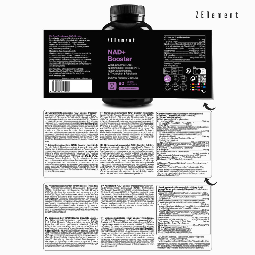 NAD+ Booster avec NAD+ Liposomal, Nicotinamide Riboside (NR), Niacine, Nicotinamide, L-Tryptophane et Riboflavine