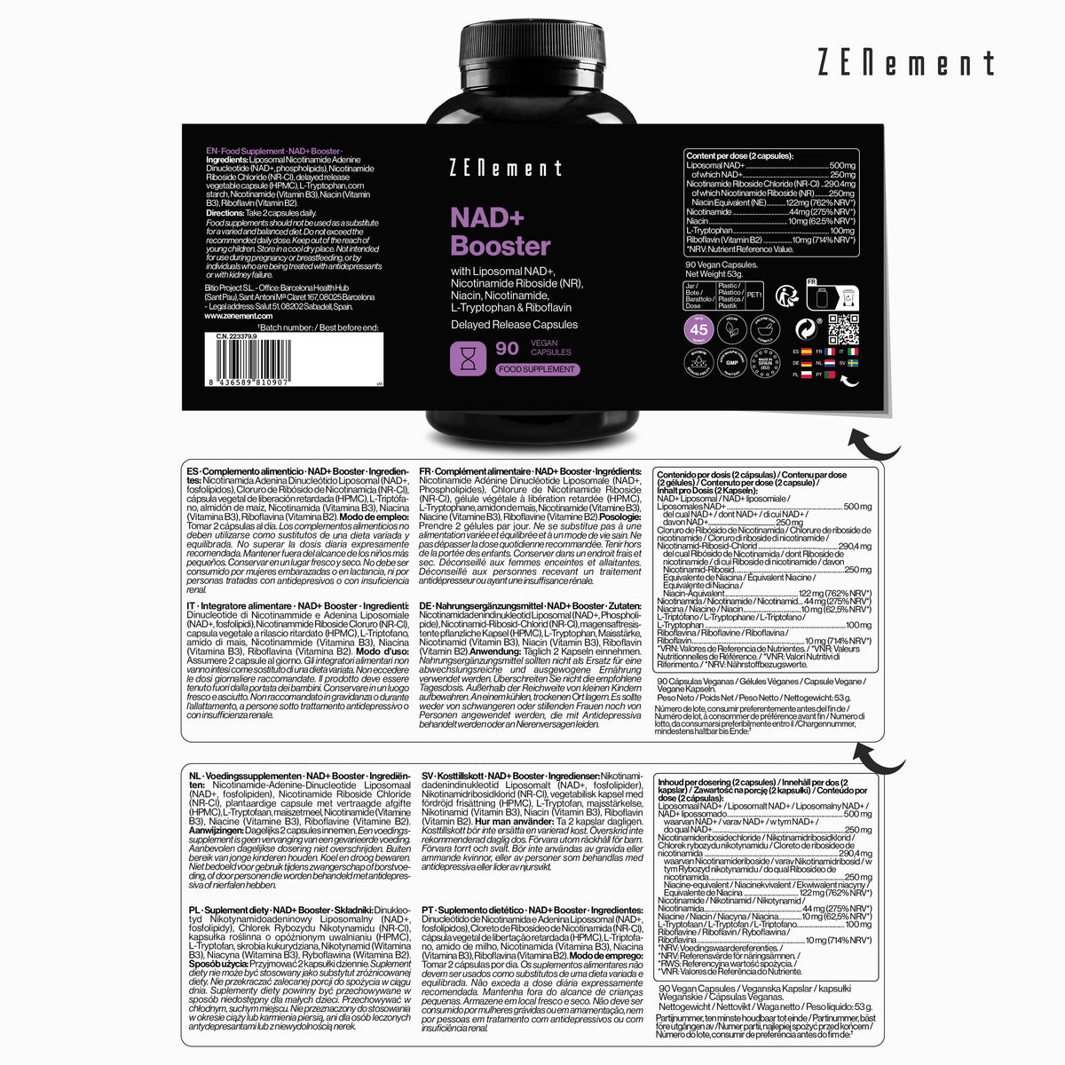 NAD+ Booster with Liposomal NAD+, Nicotinamide Riboside (NR), Niacin, Nicotinamide, L-Tryptophan & Riboflavin