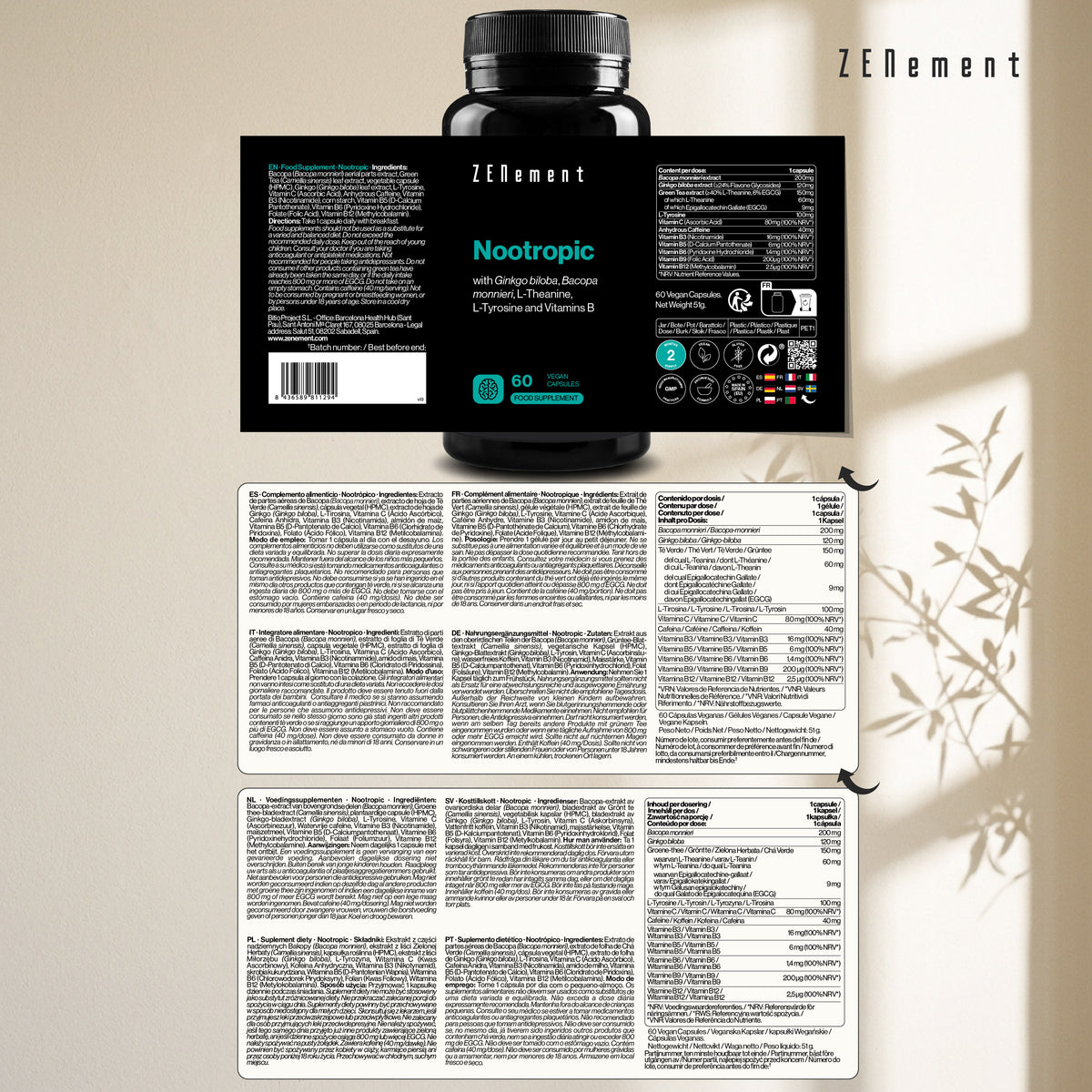 Nootropic with Ginkgo biloba, Bacopa monnieri, L-Theanin, L-Tyrosine and Vitamins B